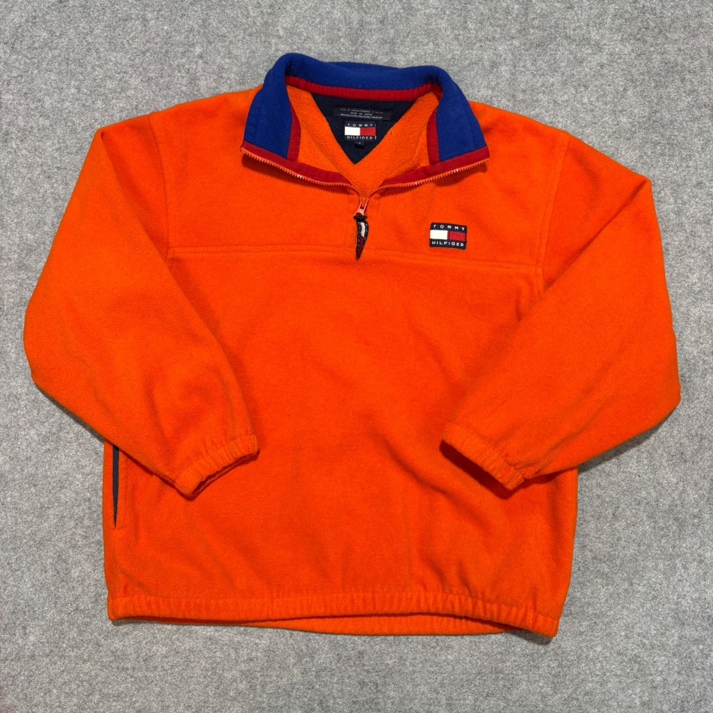 Tommy Hilfiger Vintage 1/4 Zip Orange Fleece Pullover Mens Small Logo 90s